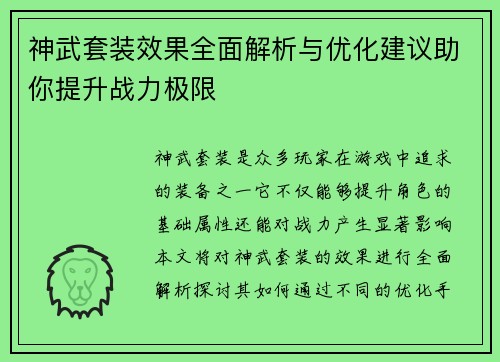 神武套装效果全面解析与优化建议助你提升战力极限