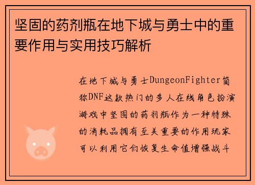 坚固的药剂瓶在地下城与勇士中的重要作用与实用技巧解析